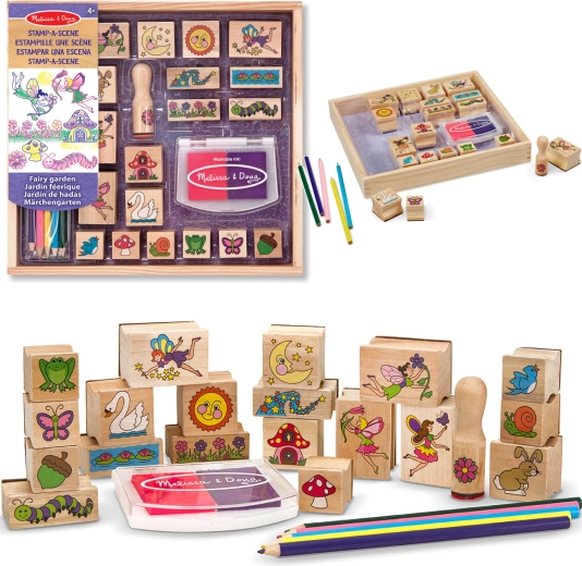 Melissa & Doug kreatív készlet: fa pecsétek Tündérkert (20 motívum, tinta és zsírkréták)