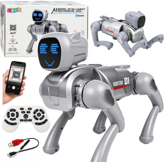 Interaktív AI robotkutya távirányítóval és ezüstszínű LED-kijelzővel