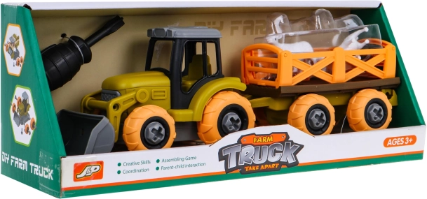 Összeszerelhető traktor kanállal és utánfutóval + csavarhúzó + bárányok játék gyerekeknek 3+