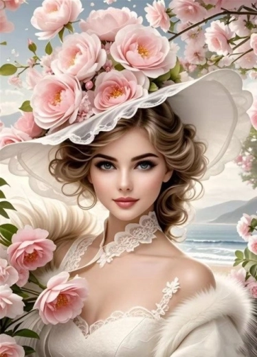 Gyémántfestés – lány virágos kalapban 30 × 40 cm