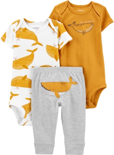 Carter's 3 részes szett kisfiúnak – 2× rövid ujjú body és melegítőnadrág Mustard Whale mintával, 56-os méret (NB)