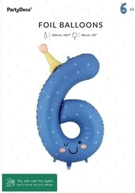 PartyDeco fólia lufi 6-os szám kék 86 cm