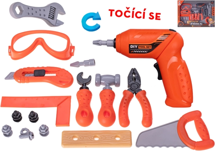 Gyermek szerszámkészlet akkumulátoros fúróval 17 cm, 16 darab