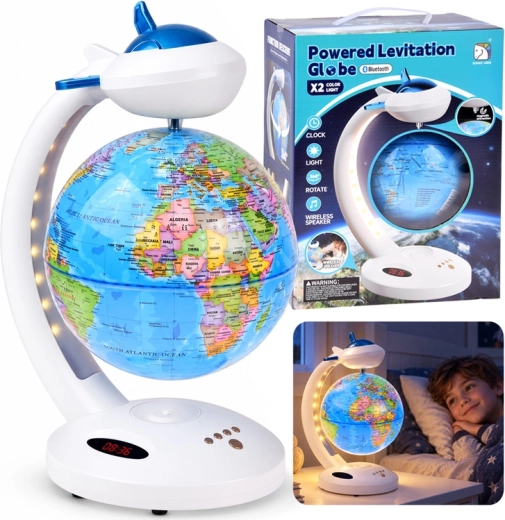 4 az 1-ben lebegő földgömb 360°-os forgással (LED lámpa, Bluetooth hangszóró, óra)