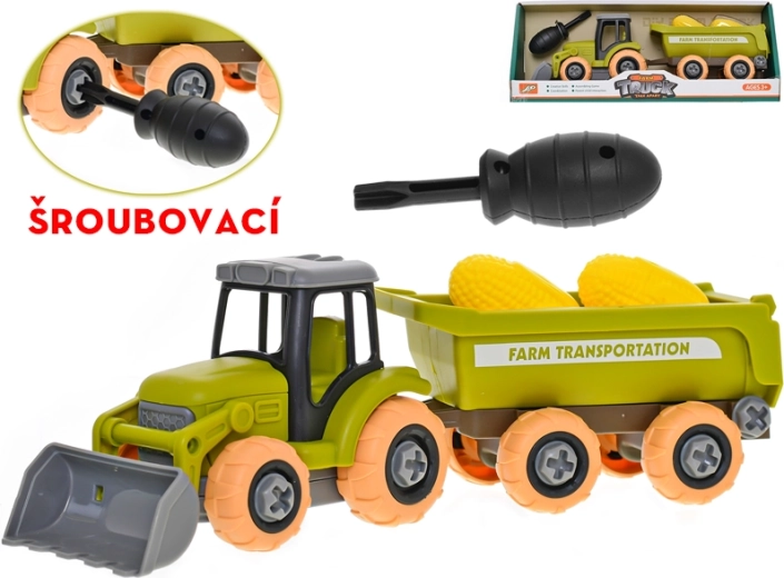 Csavarozós mechanizmusú traktor pótkocsival és kukoricával, 28 cm