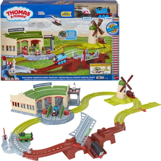 Fisher-Price Thomas & Friends Tidmouth depó sínkészlet 253 cm Tomasszal és Harolddal