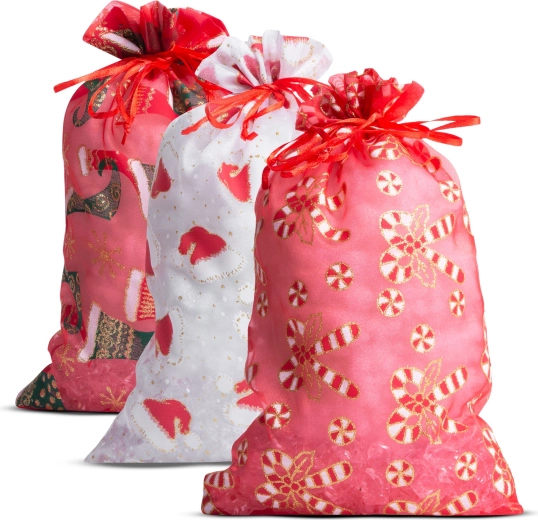 Organza ajándéktasak karácsonyi motívummal, 20 × 30 cm, 12 db