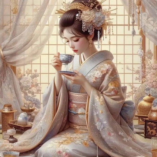Gyémántfestés Japán nő teáscsészével 30 × 40 cm