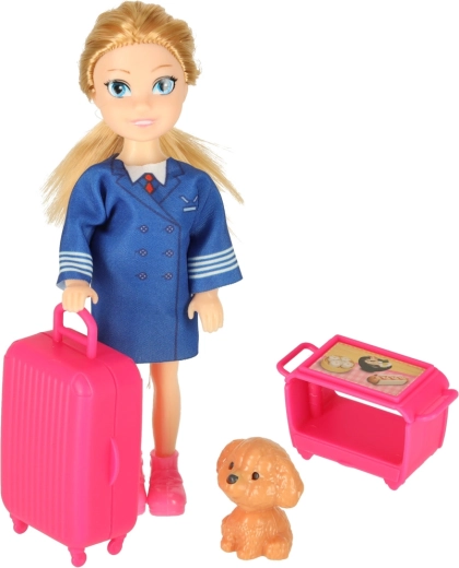 Stewardess, bőrönd és kiskutya a csomagban