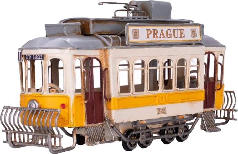 Sárga prágai villamos fém modell, 27,5 cm – dekoráció és gyűjtői modell