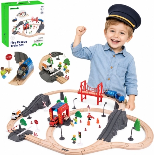 Tooky Toy fa játék elektromos vonatpálya tűzoltóállomással és hangeffektekkel, 70 darab, FSC