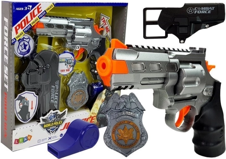 Rendőrségi készlet 20 cm-es revolverrel, jelvénnyel, tokkal és fénnyel, hanggal működő síppal