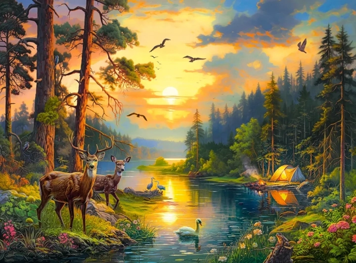 CASTORLAND 3000 darabos puzzle naplemente az erdei folyó felett