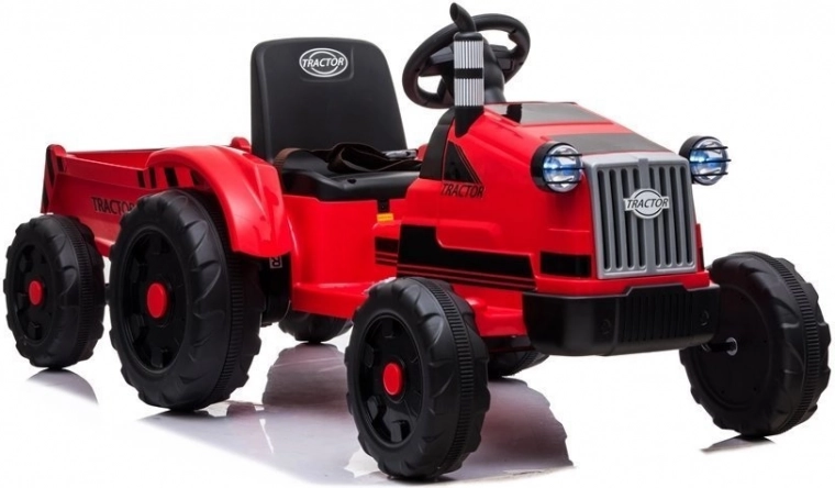Piros elektromos traktor utánfutóval