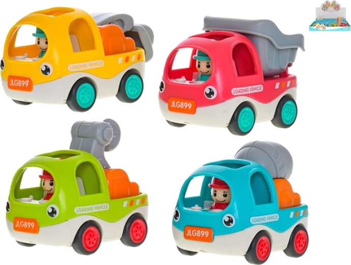 Vidám építőipari kisautók visszahúzós meghajtással, 6,5 cm – 12 darabos készlet