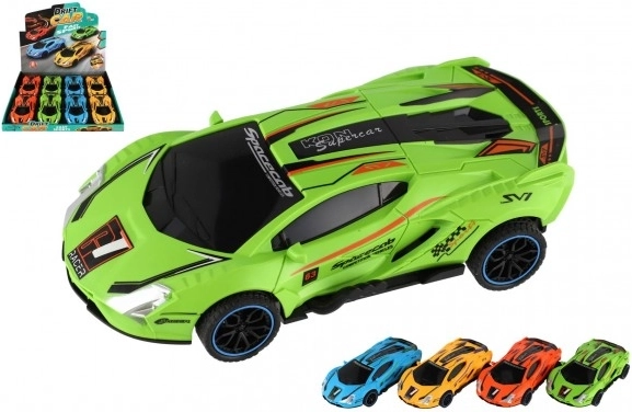 Műanyag, lendkerekes driftelő kisautó 16 cm – 4 szín készlet, 8 db dobozban
