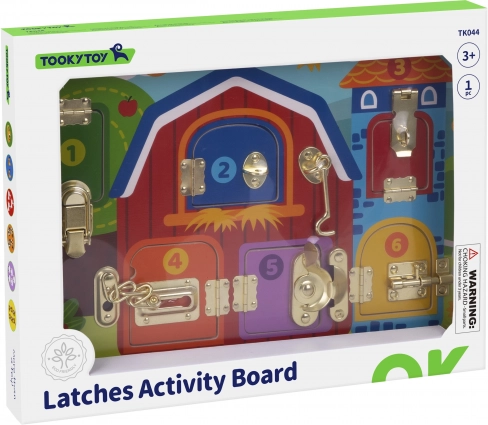 Fa manipulációs tábla zárakkal – farm – Tooky Toy
