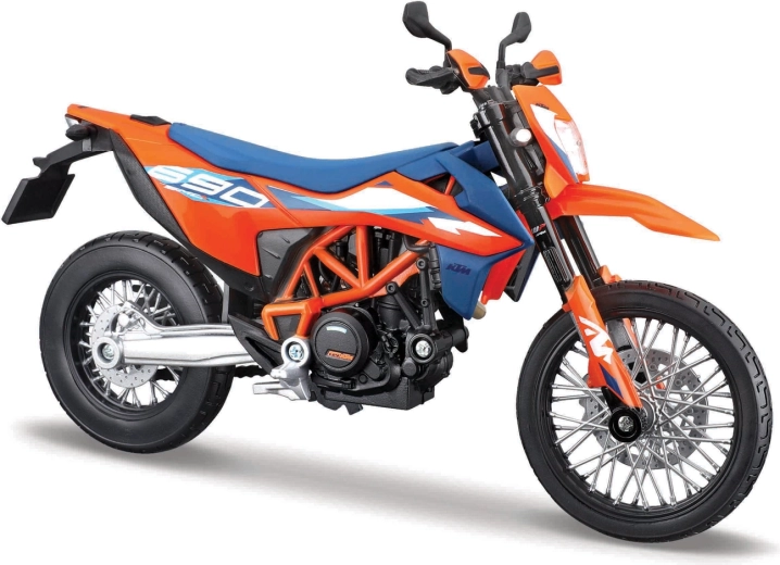 Maisto 1:12 méretarányú KTM 690 SMC R (2023) motorkerékpár modell állvánnyal – narancs–kék