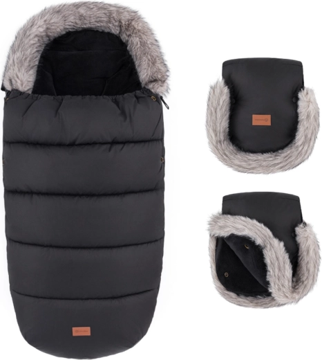 Petite&Mars téli szett: Comfy 4 az 1-ben lábzsák és Furry babakocsi kesztyű Forever Black