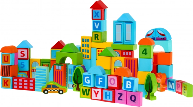 Fából készült város építőkocka készlet – 100 darab