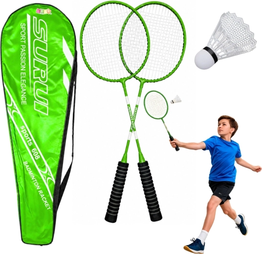 Zöld badminton szett 2 ütővel, labdával és tokkal