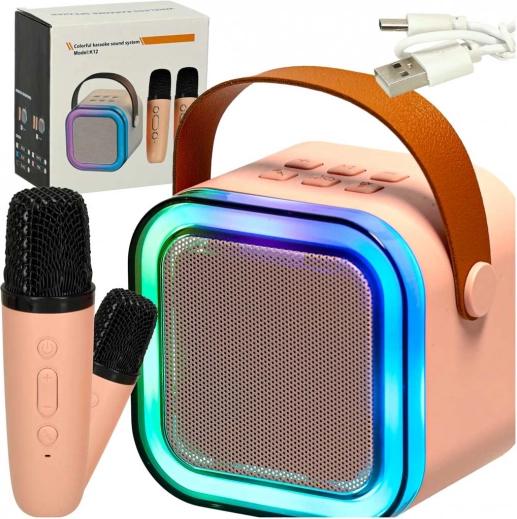 Karaoke szett Bluetooth hangszóróval, 2 vezeték nélküli mikrofonnal és 6 W-os LED megvilágítással – rózsaszín