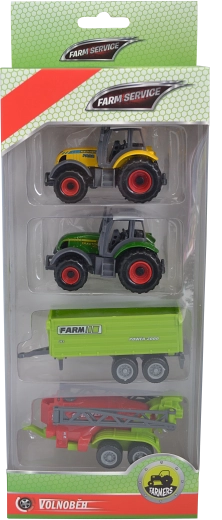 Farm szolgáltatás – mezőgazdasági gépkészlet 1:64 (2 traktor, pótkocsi és permetező)
