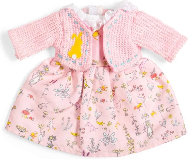Bigjigs Toys természetmintás ruha és rózsaszín kardigán 34 cm-es babához