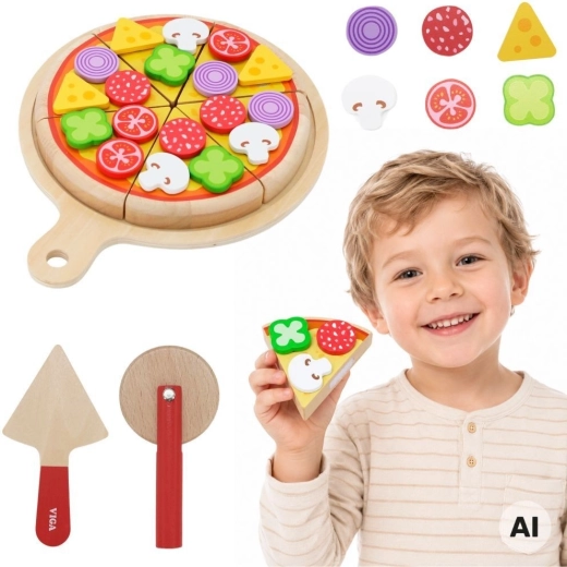 Viga fa pizza szett szeleteléshez és tálaláshoz gyerekeknek, 27 db, 18 hónapos kortól