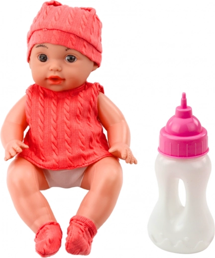 Textil baba palackkal 30 cm, hanghatások, rózsaszín ruházat