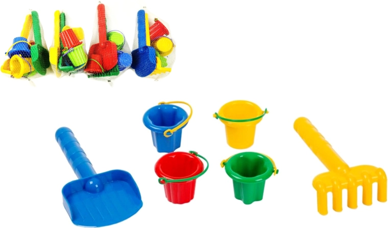 L homokozókészlet lapáttal, gereblyével és mini vödrökkel