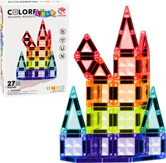 Mágneses építőjáték – színes, átlátszó 3D mágneses panelek (STEM), 27 db