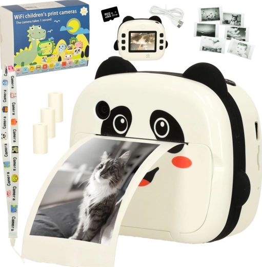 Gyerek instant fényképezőgép hőnyomtatóval Panda + 32 GB kártya és papírok