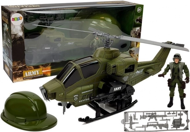 Katonai készlet helikopterrel, sisakkal és katonával