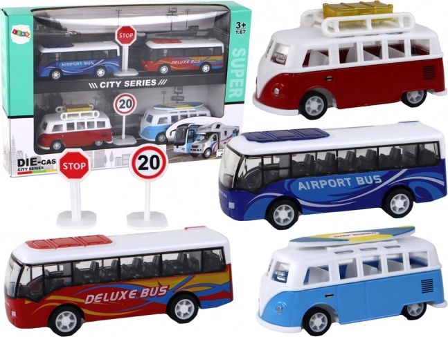 Játék szett: lakóautók és buszok lendkerekes meghajtással 1:87, 4 db