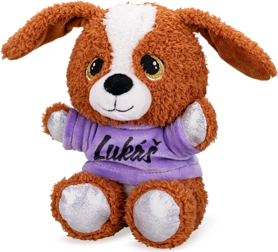 Plüss kutyus mintás pólóban, 17 cm
