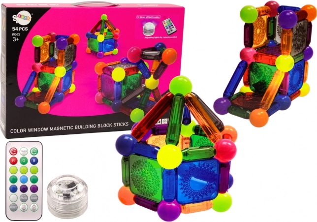 Megvilágítással ellátott mágneses építőkészlet, 54 darab