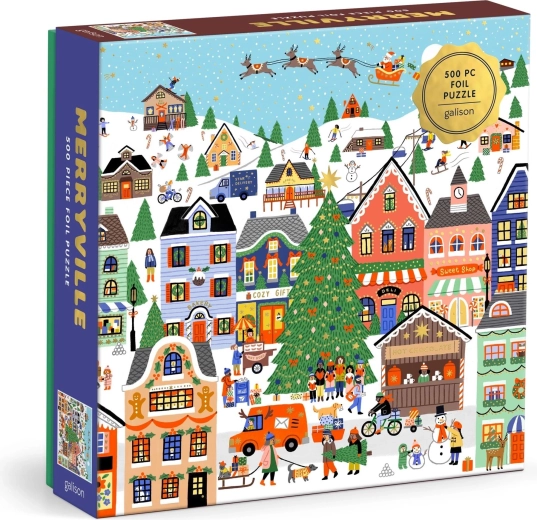 Galison fémes, négyzet alakú puzzle havas kisváros motívummal, 500 darabos