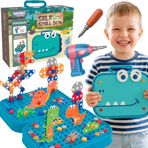 Woopie kis barkácsmester készlet 3D dinos építőjáték csavarokkal és fúróval bőröndben