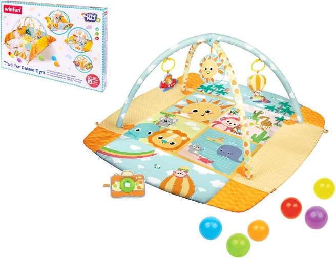 Utazó játszószőnyeg ívekkel és labdákkal