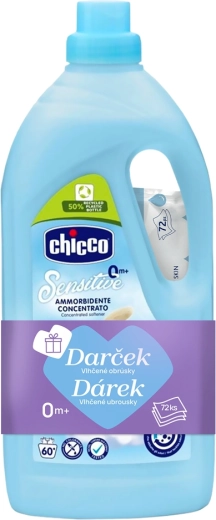 Chicco Baby Sensitive öblítő Édes púder illattal 1,5 l (60 mosás) + nedves törlőkendő 72 db