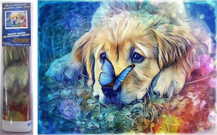 Gyémántszemes kirakó – kutya csokornyakkendővel 30 × 40 cm