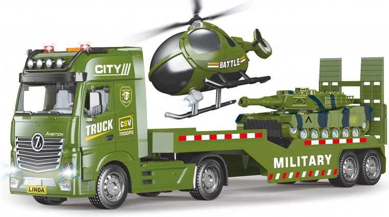 Katonai autó vontató helikopterrel és effektekkel 55 cm