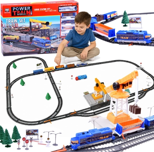 Elektromos teher-vonatpálya Power Train World Cargo állomással és daruval, 670 cm, 59 darab