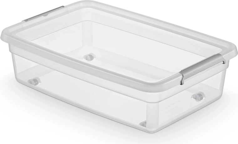 Basestore tárolódoboz fedéllel, csipeszekkel és görgőkkel, 29 l (alacsony profil)