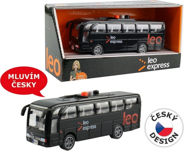LEO EXPRESS autóbusz fényekkel és vezetői és személyzeti bemondásokkal