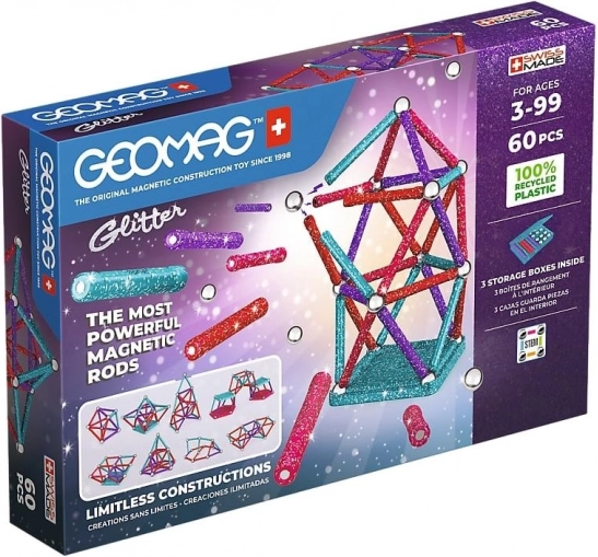 Geomag Glitter csillogó mágneses építőkészlet újrahasznosított műanyagból, 60 darab