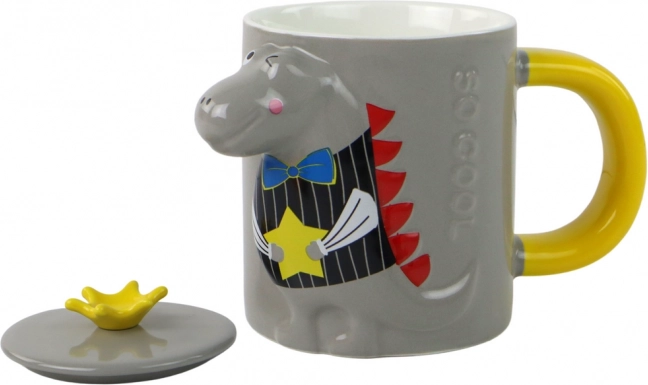 Kerámia bögre fedővel, dinoszauruszos, 400 ml, szürke