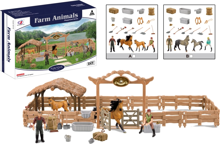 Nagy karám lóval és lovassal – farmi állatfigurák