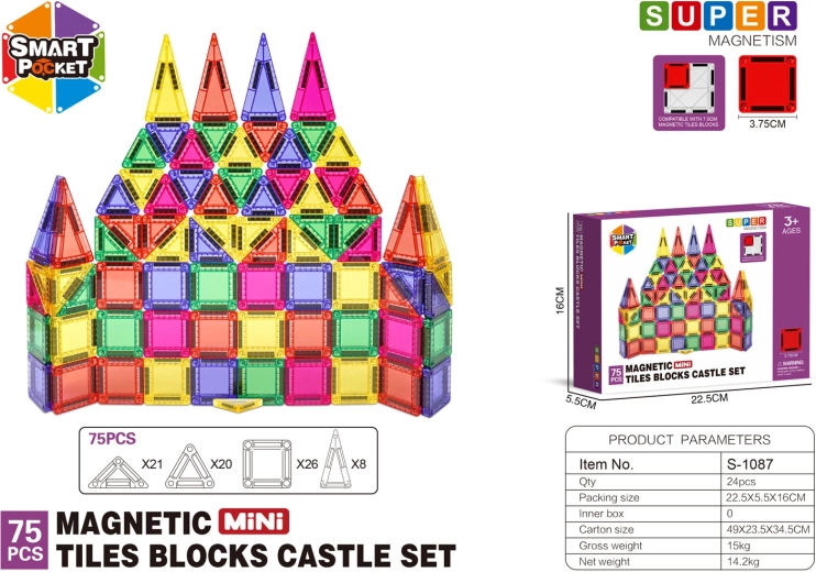 Színes mágneses építőkészlet, 75 darab